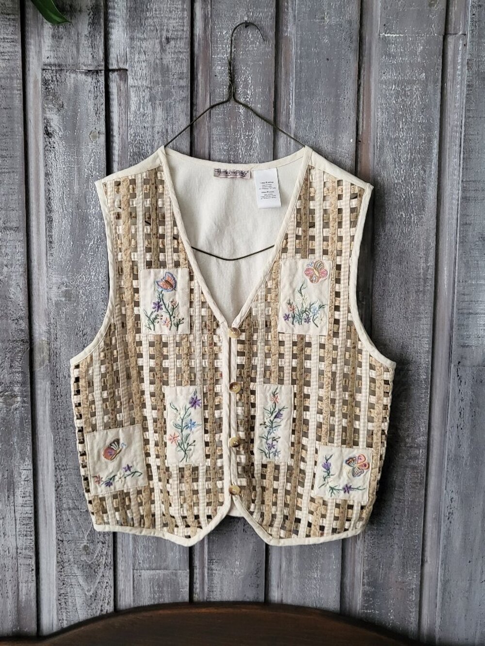 HUNTINGTON RIDGE Vintage Embroidered Floral Butterfly Cottagecore Lattice Vest M